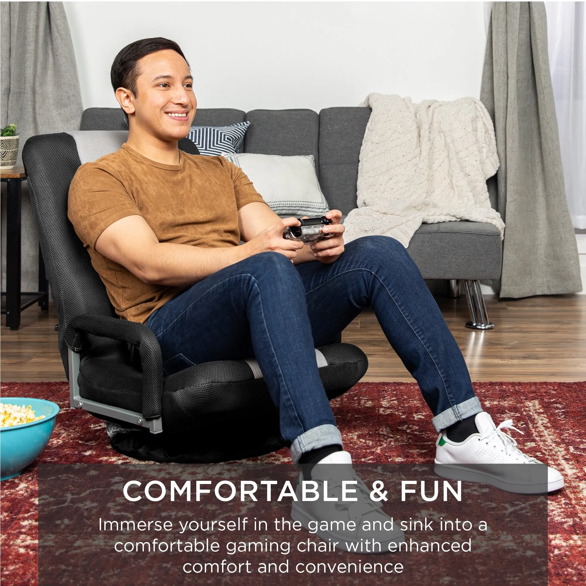 360-Degree Swivel Gaming Floor Chair w/ Armrest Handles, Adjustable Backrest