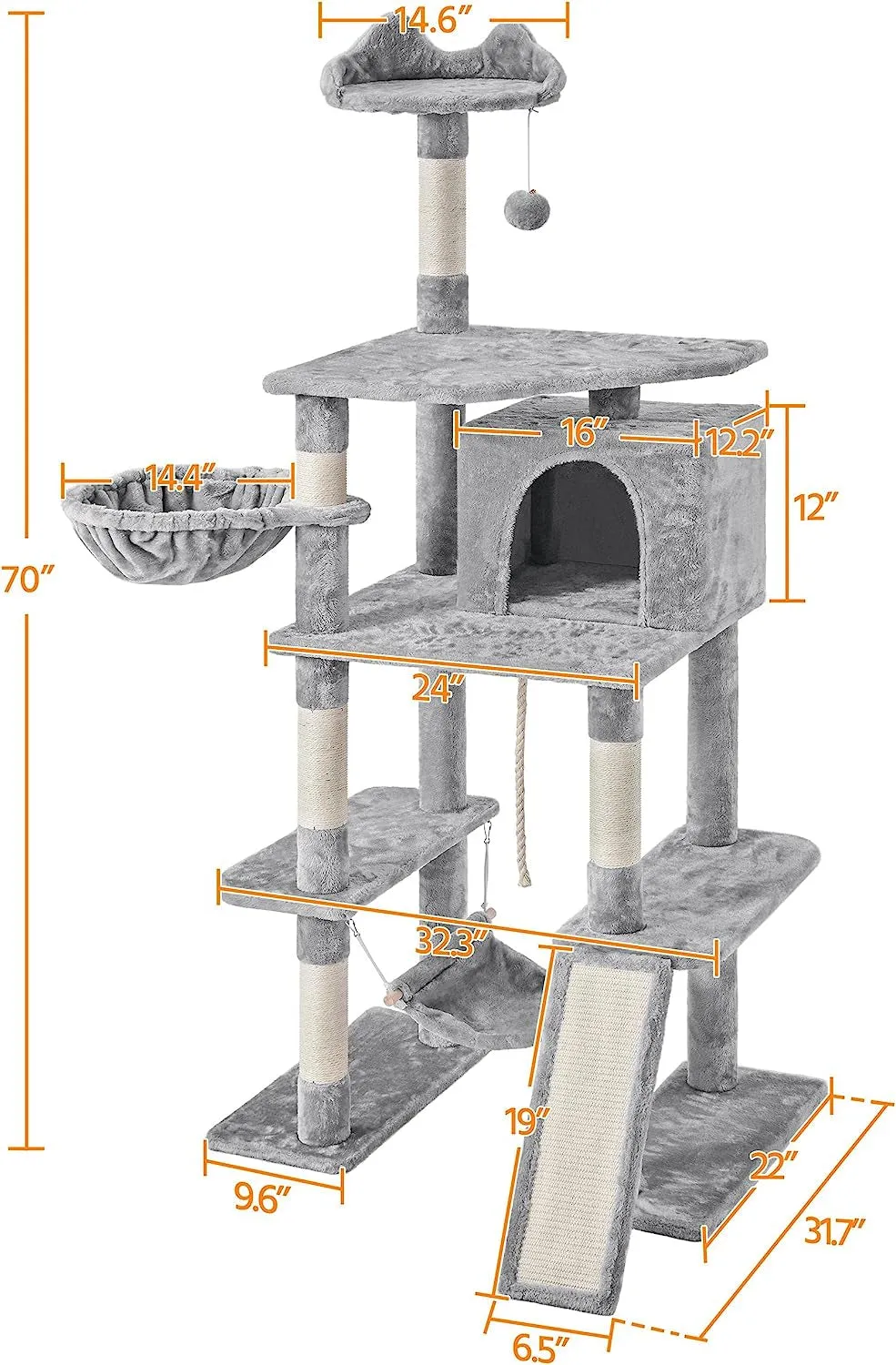 70 Inches Stable Cat Tree with Padded Platform