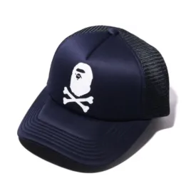 A BATHING APEE CROSSBONE COLLEGE SOLID MESH CAP (NAVY)