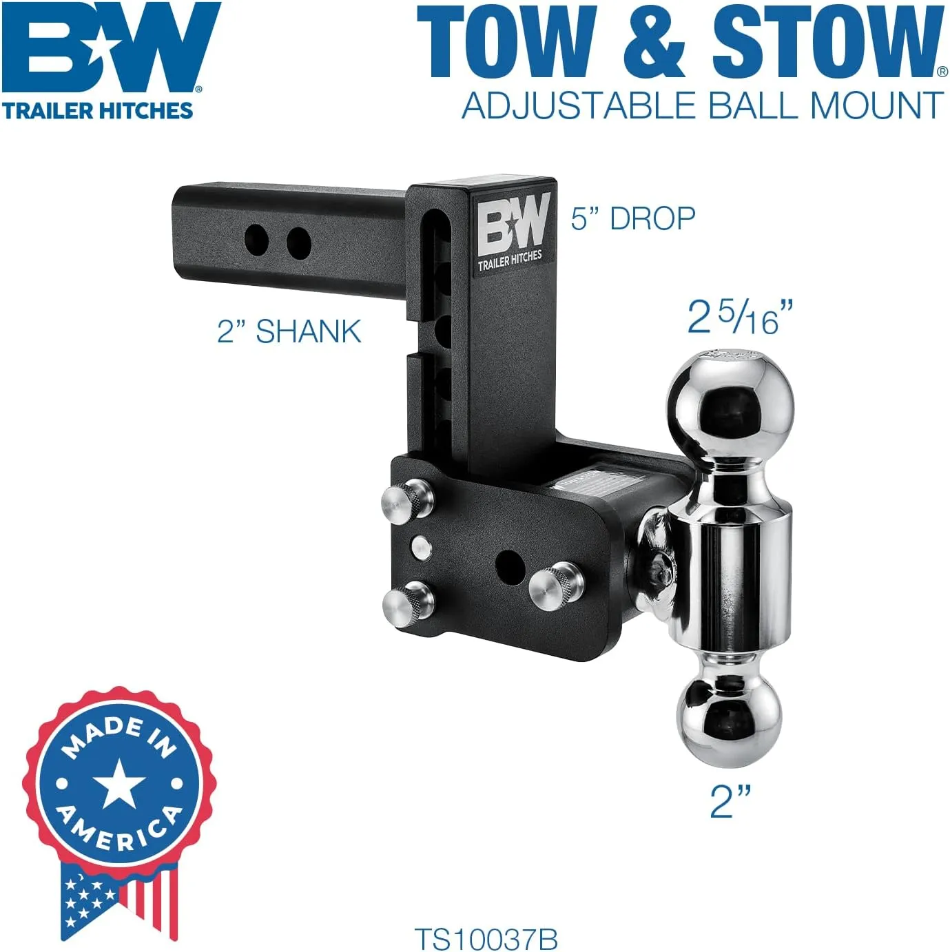 B&W Trailer Hitches Tow & Stow Adjustable Trailer Hitch Ball Mount - TS10037B