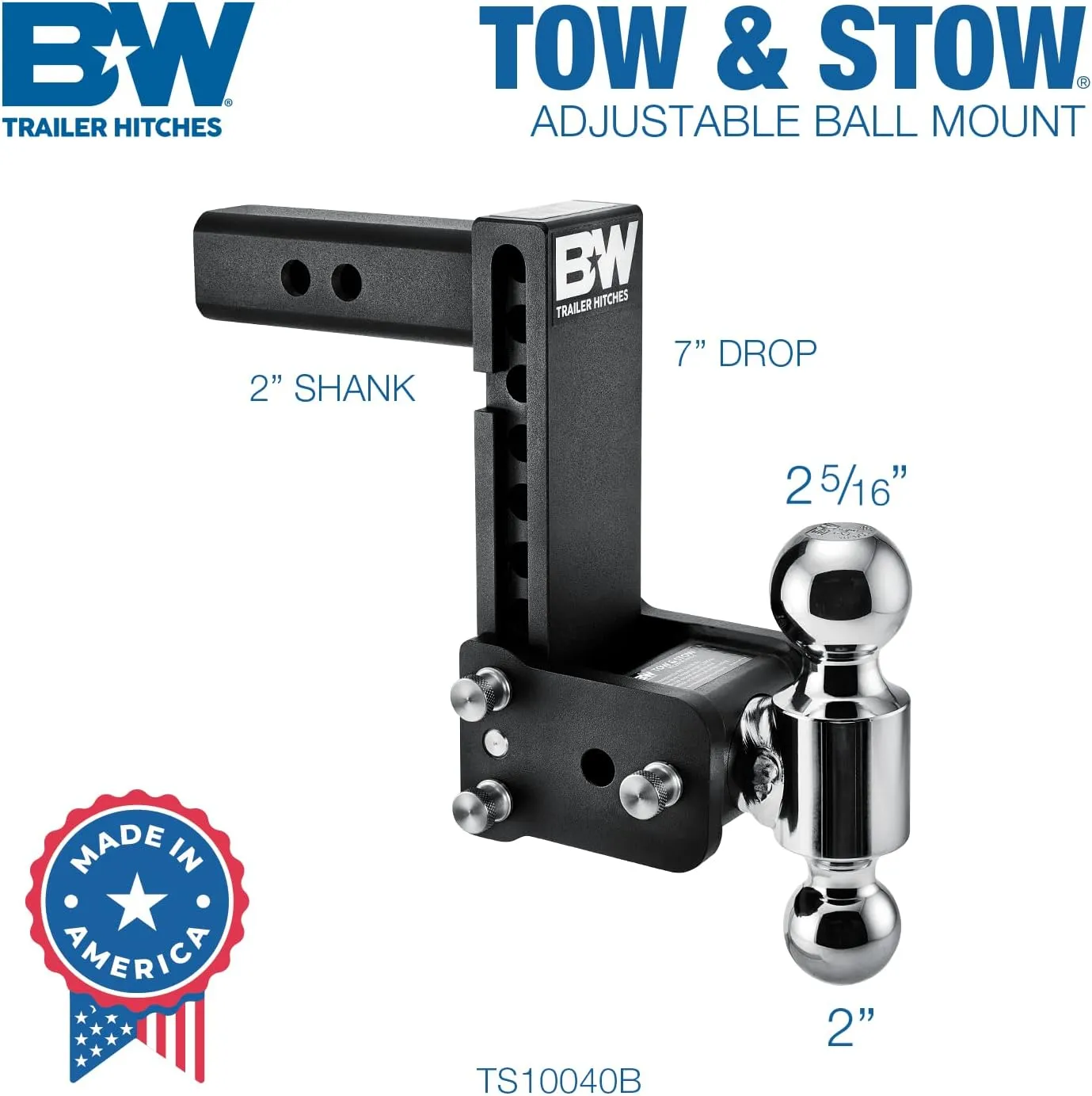 B&W Trailer Hitches Tow & Stow Adjustable Trailer Hitch Ball Mount - TS10040B