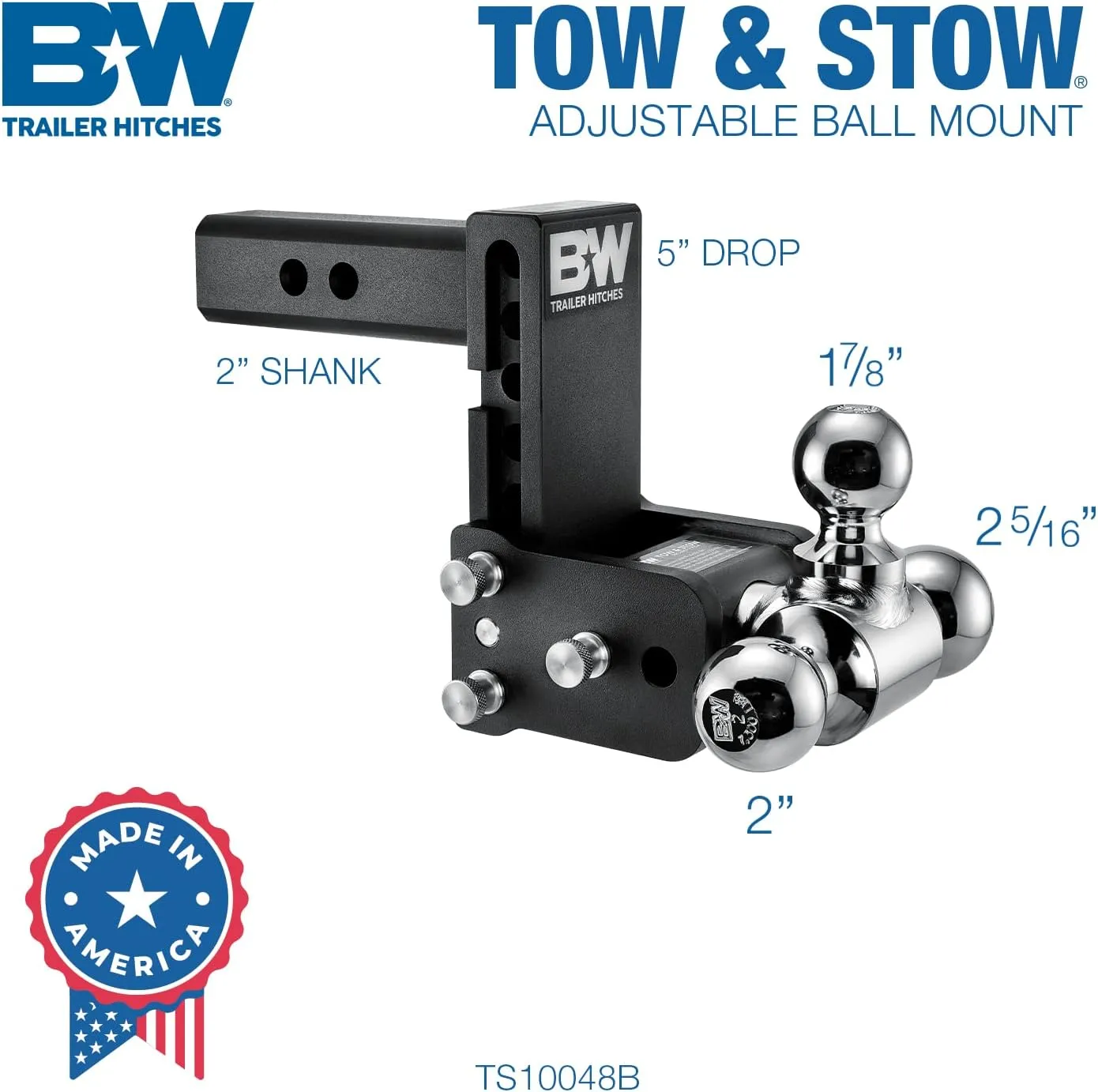 B&W Trailer Hitches Tow & Stow Adjustable Trailer Hitch Ball Mount - TS10048B