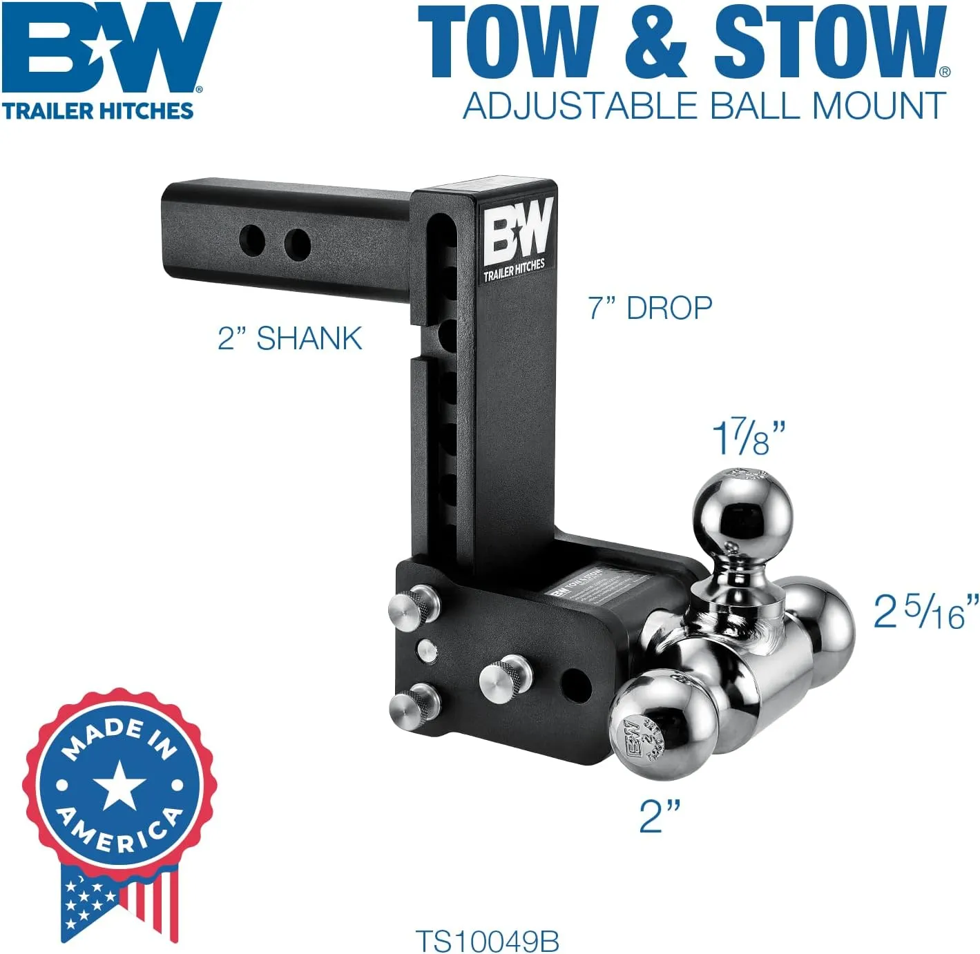 B&W Trailer Hitches Tow & Stow Adjustable Trailer Hitch Ball Mount - TS10049B