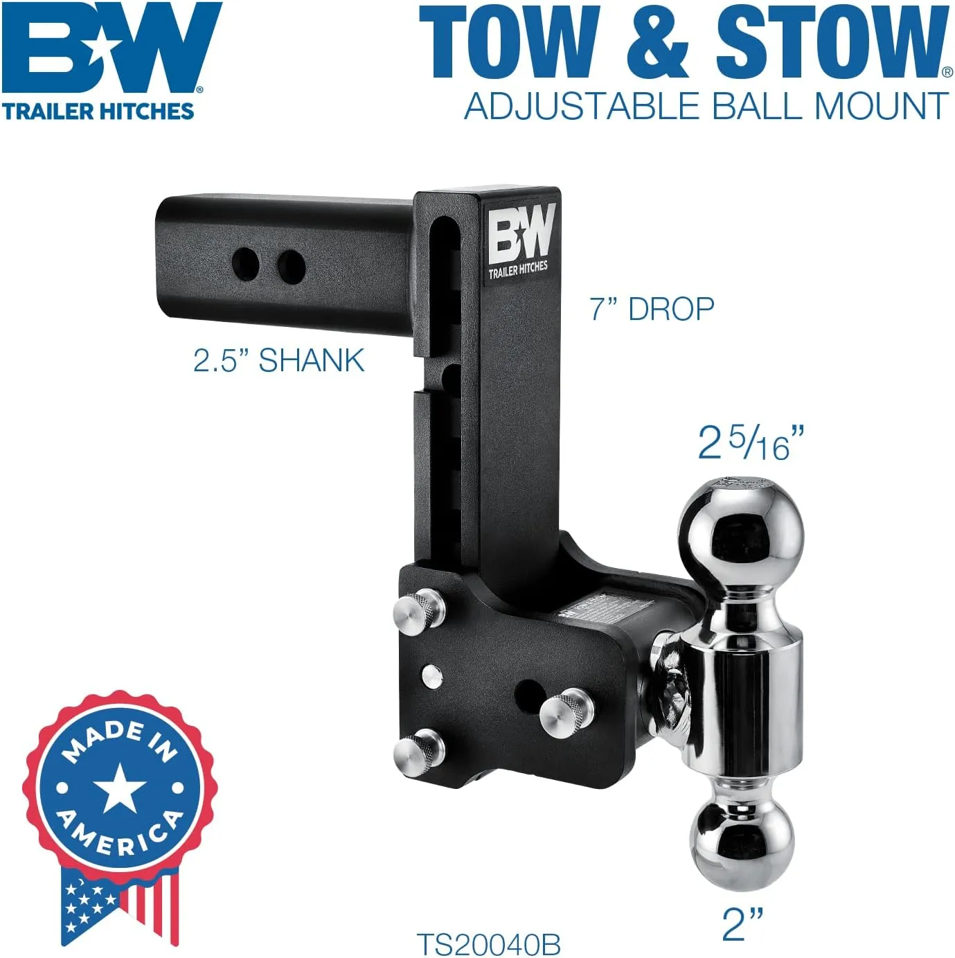 B&W Trailer Hitches Tow & Stow Adjustable Trailer Hitch Ball Mount - TS20040B