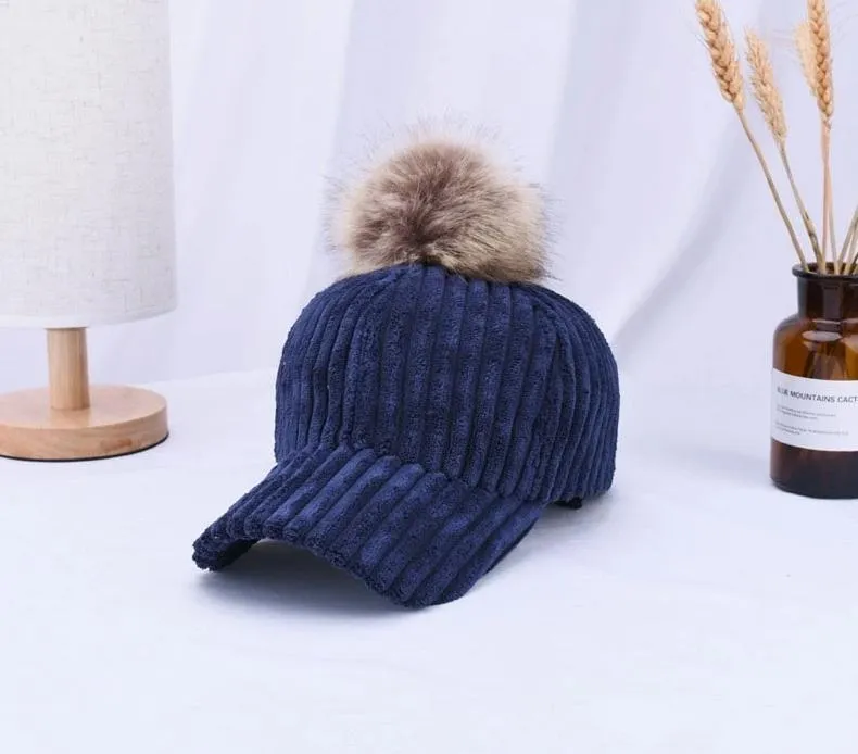 Corduroy Hair Ball Adjustable Hat