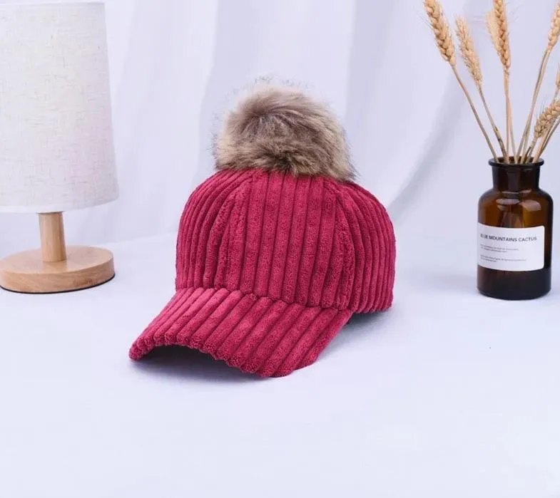 Corduroy Hair Ball Adjustable Hat