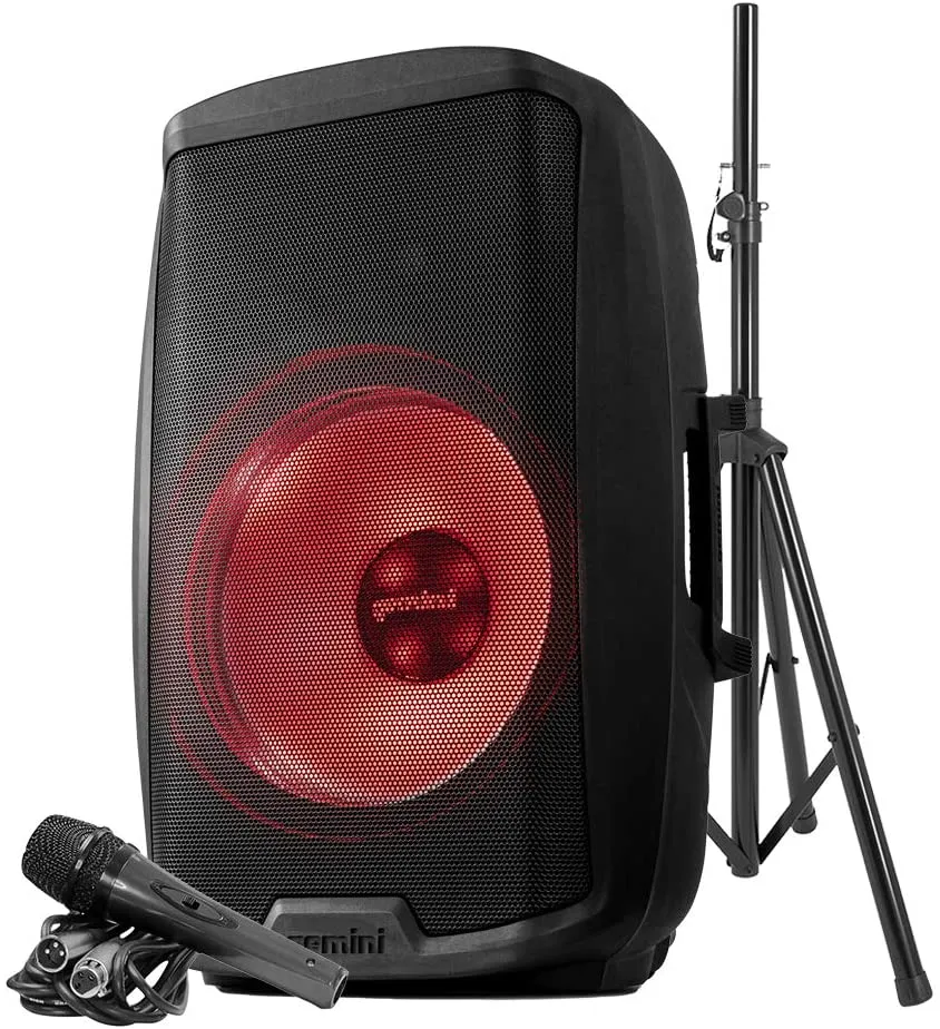 Gemini 15" 2000W Active Multi LED Bluetooth Loudspeaker w/ Stand and Microphone