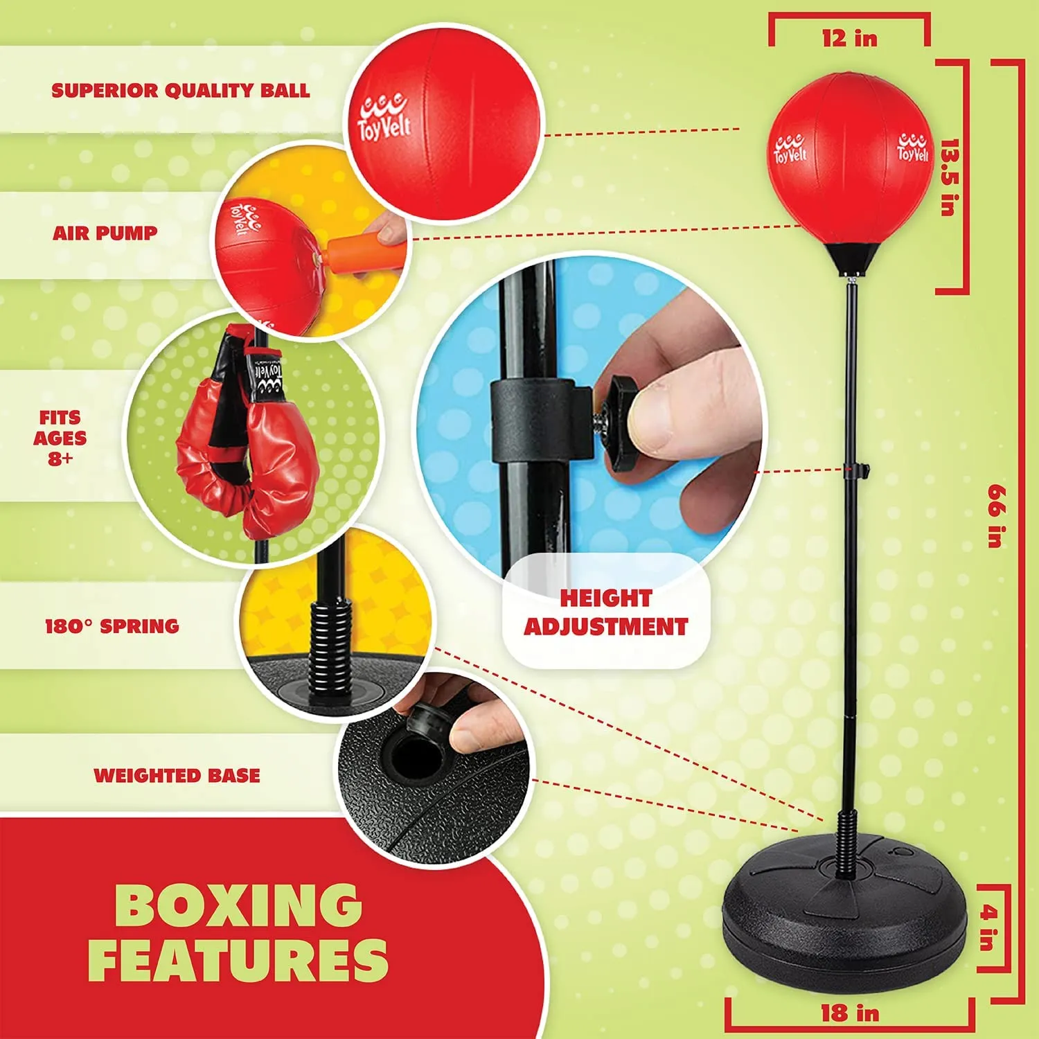 ToyVelt Punching Bag for Kids and Adults Boxing Set with Adjustable Standing Base, Boxing Gloves, Hand Pump - Kids Punching Bag for Boys and Girls