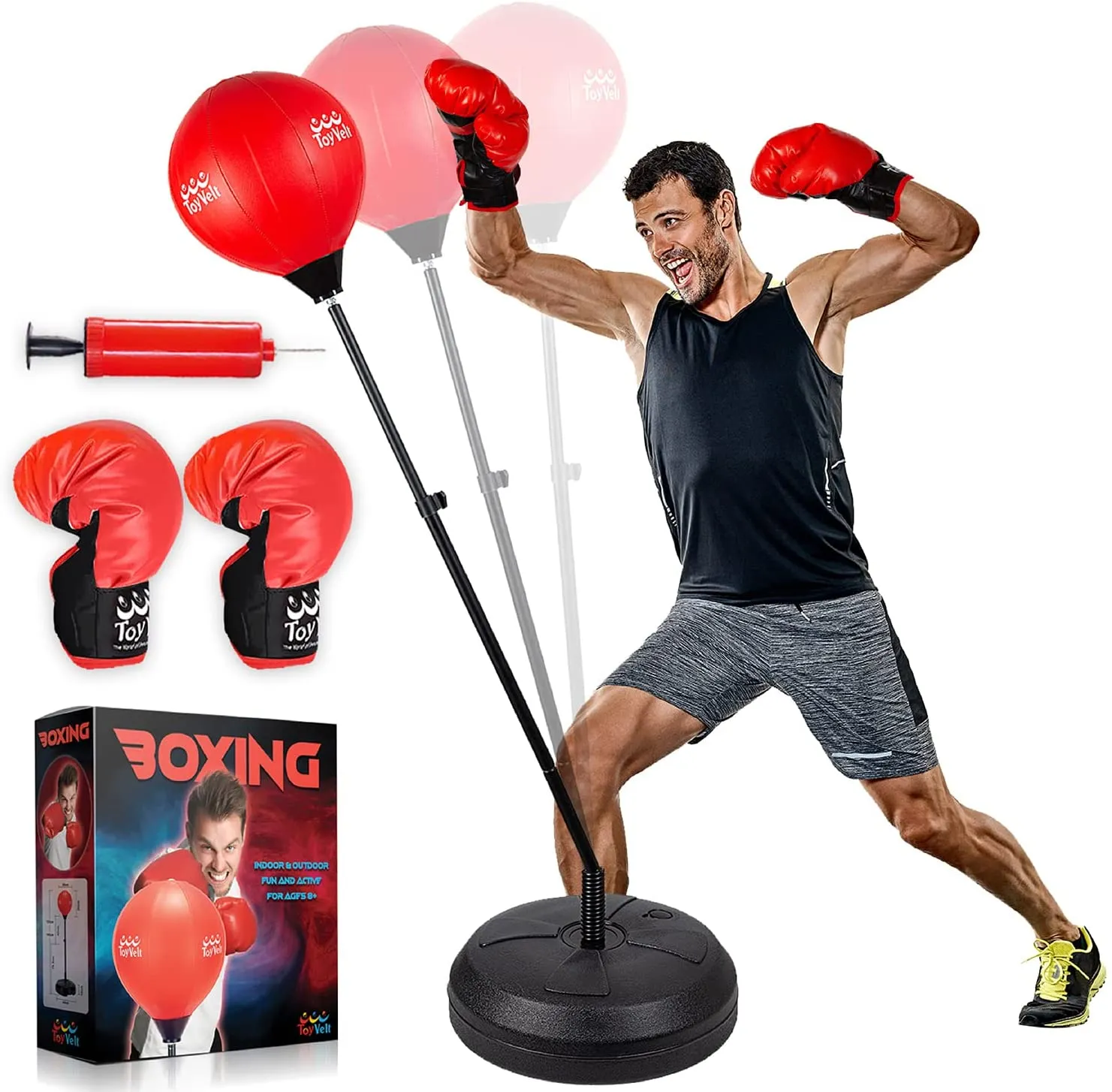 ToyVelt Punching Bag for Kids and Adults Boxing Set with Adjustable Standing Base, Boxing Gloves, Hand Pump - Kids Punching Bag for Boys and Girls